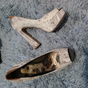 Sam Edelman Chunky High Heel Ivory Snake Skin Peep Toe Platform Pumps